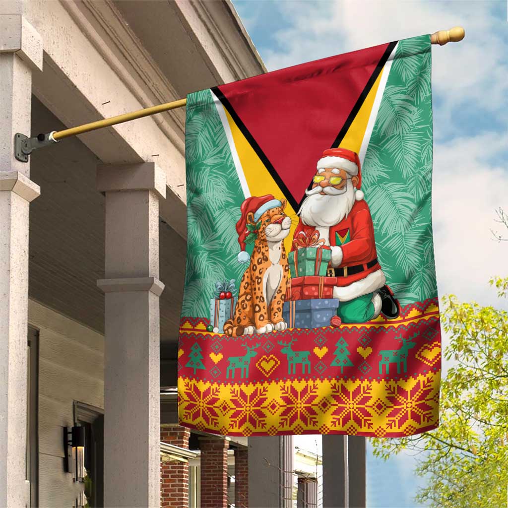 Guyana Christmas Santa Leopard Garden Flag with Green Red Yellow Gift and Map - Wonder Print Shop