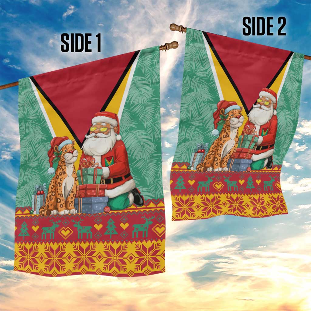 Guyana Christmas Santa Leopard Garden Flag with Green Red Yellow Gift and Map - Wonder Print Shop