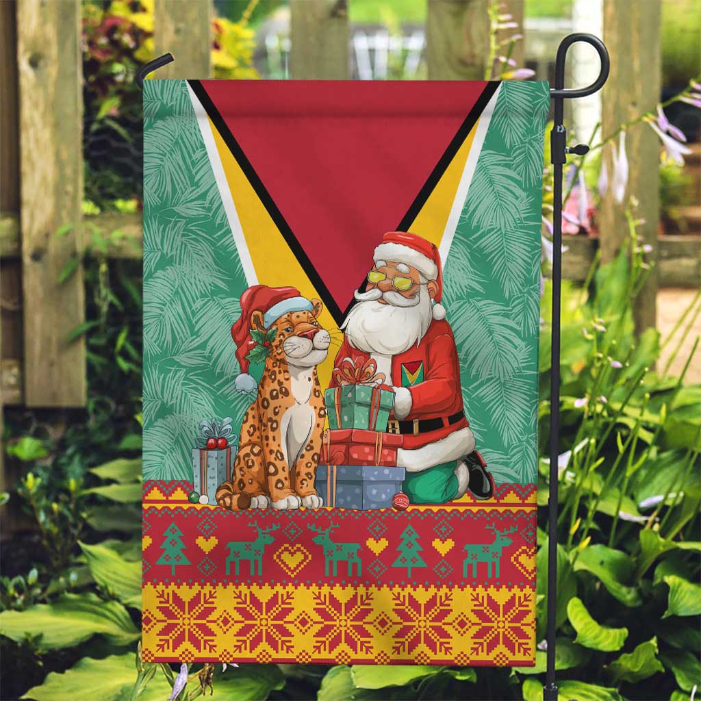 Guyana Christmas Santa Leopard Garden Flag with Green Red Yellow Gift and Map - Wonder Print Shop