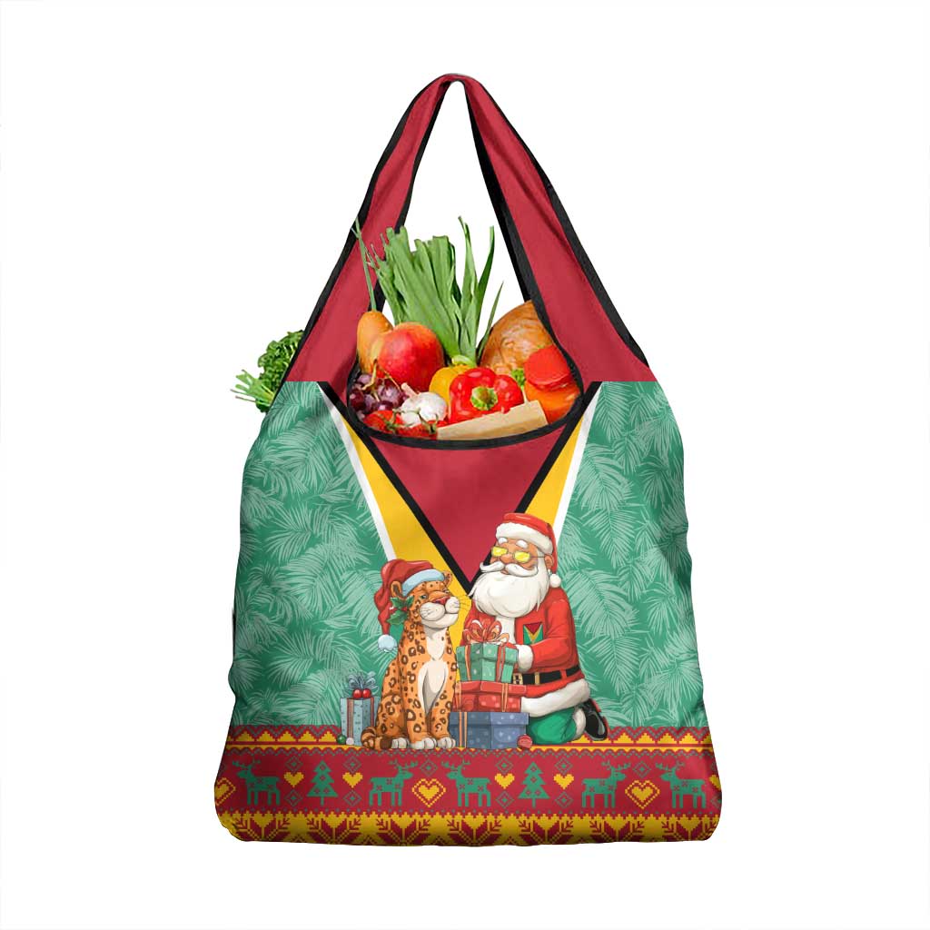 Guyana Christmas Santa Leopard Grocery Bag with Green Red Yellow Gift and Map - Wonder Print Shop