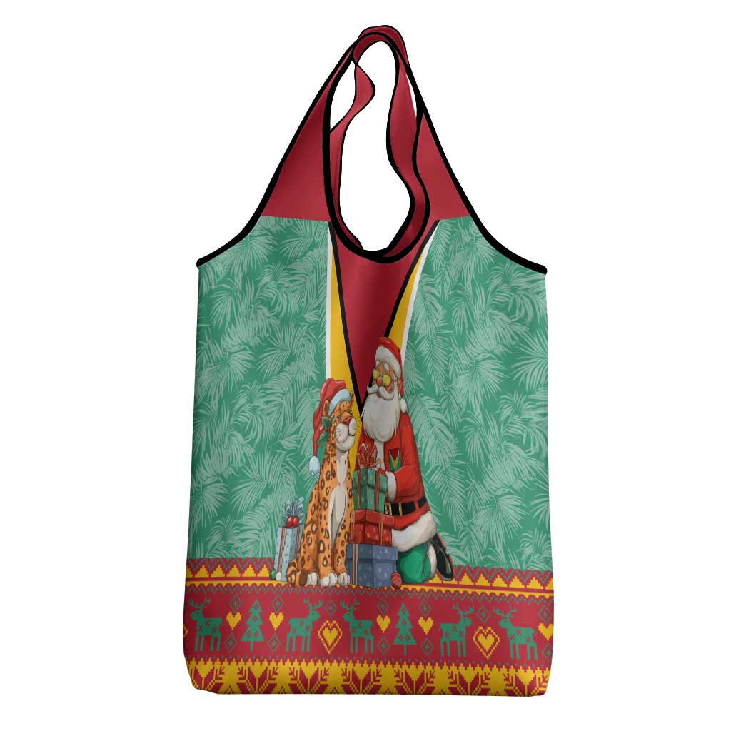 Guyana Christmas Santa Leopard Grocery Bag with Green Red Yellow Gift and Map - Wonder Print Shop