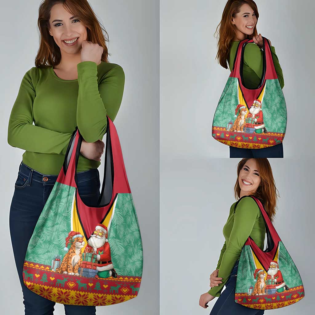 Guyana Christmas Santa Leopard Grocery Bag with Green Red Yellow Gift and Map - Wonder Print Shop