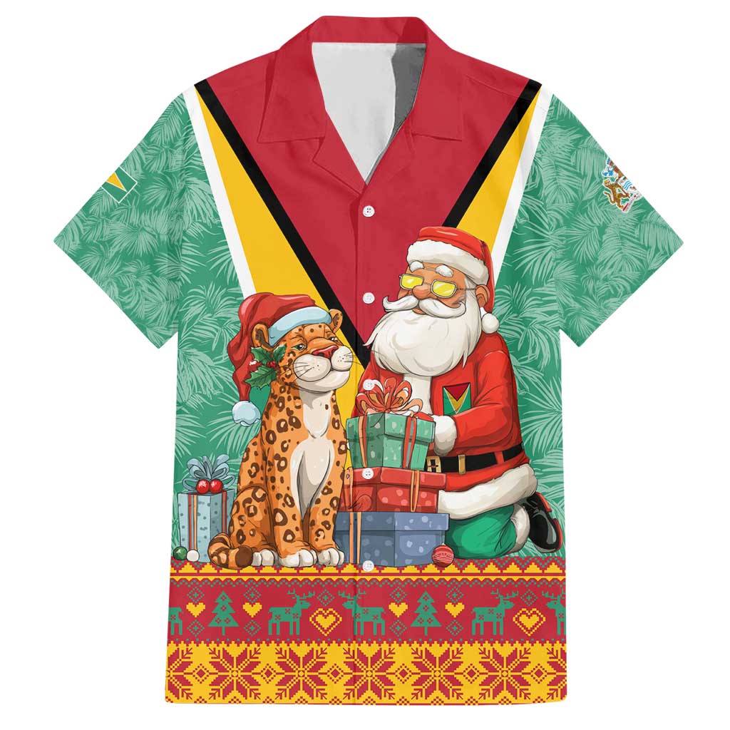 Guyana Christmas Santa Leopard Hawaiian Shirt with Green Red Yellow Gift and Map - Wonder Print Shop