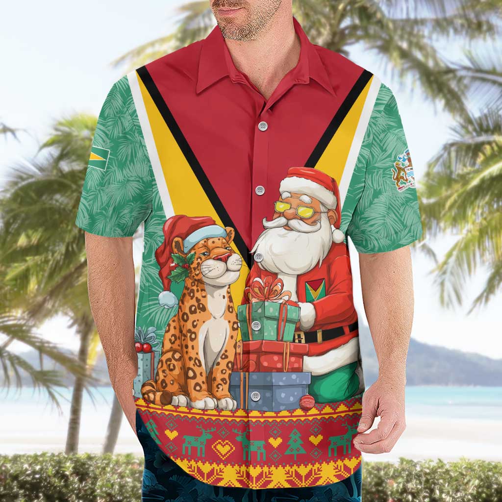 Guyana Christmas Santa Leopard Hawaiian Shirt with Green Red Yellow Gift and Map - Wonder Print Shop