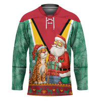Guyana Christmas Santa Leopard Hockey Jersey with Green Red Yellow Gift and Map - Wonder Print Shop