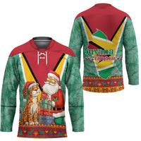 Guyana Christmas Santa Leopard Hockey Jersey with Green Red Yellow Gift and Map - Wonder Print Shop