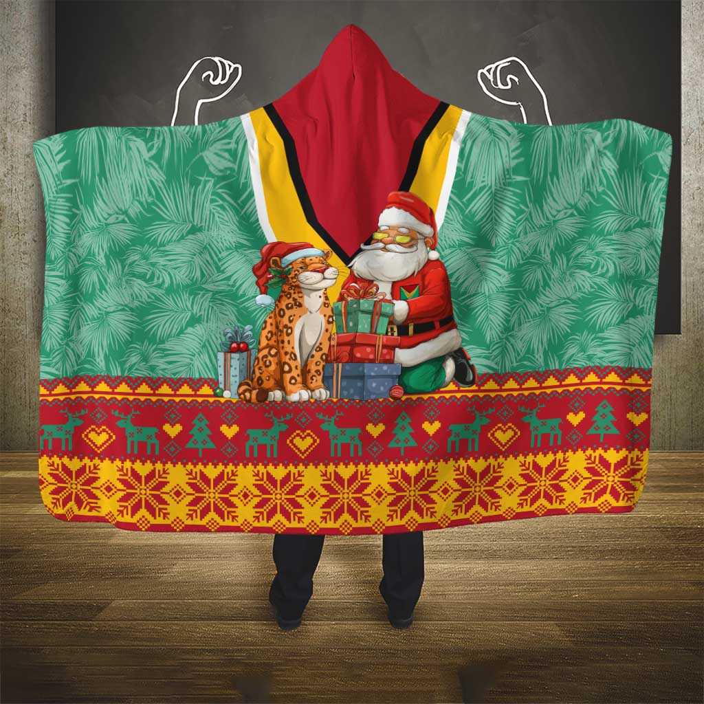 Guyana Christmas Santa Leopard Hooded Blanket with Green Red Yellow Gift and Map - Wonder Print Shop