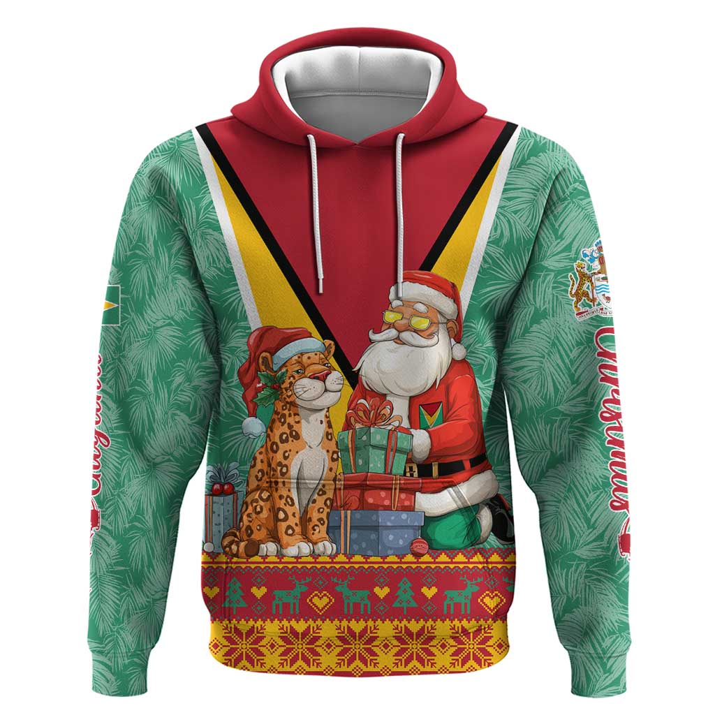 Guyana Christmas Santa Leopard Hoodie with Green Red Yellow Gift and Map - Wonder Print Shop