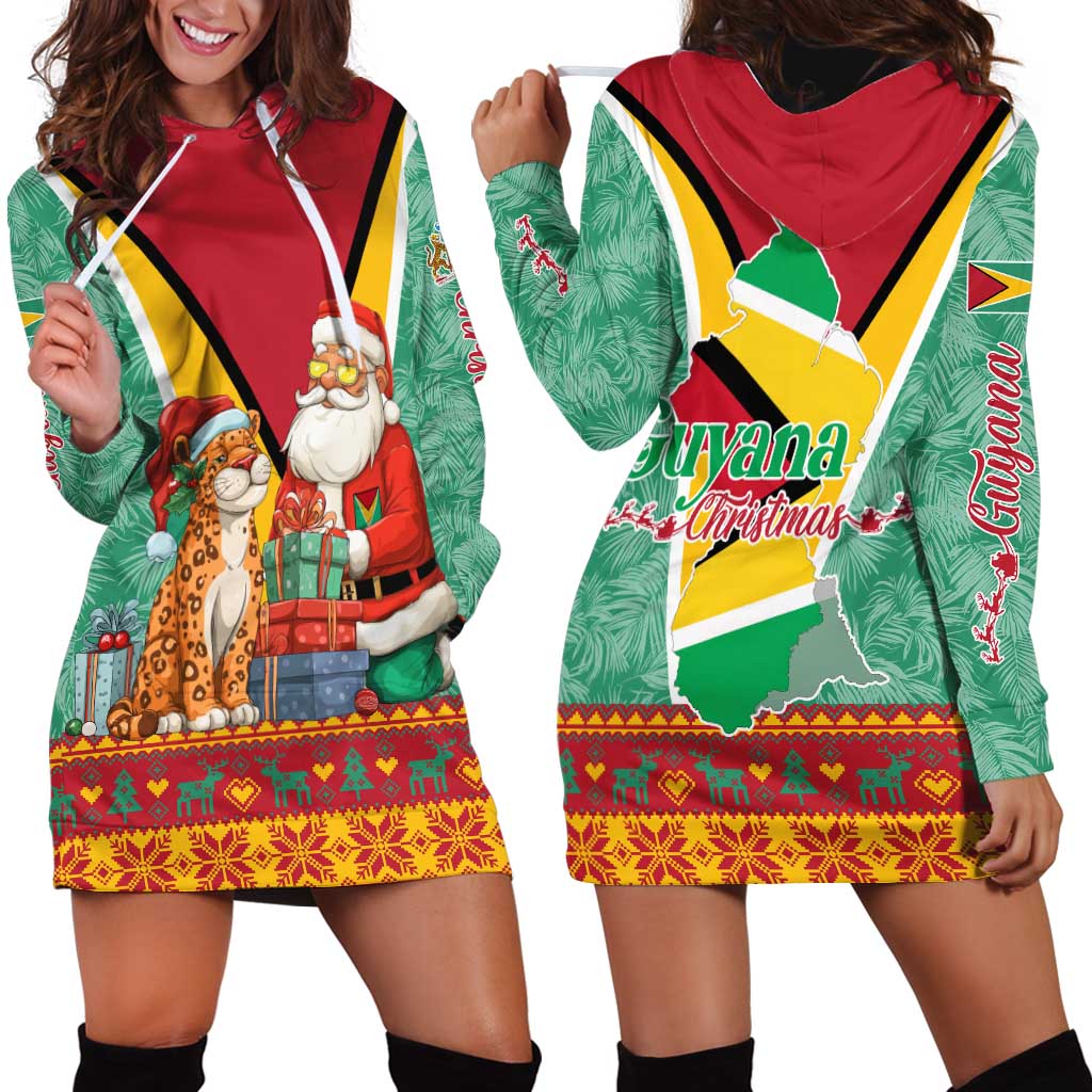 Guyana Christmas Santa Leopard Hoodie Dress with Green Red Yellow Gift and Map - Wonder Print Shop