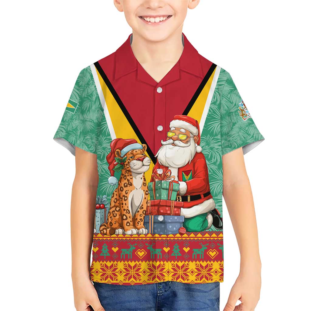 Guyana Christmas Santa Leopard Kid Hawaiian Shirt with Green Red Yellow Gift and Map - Wonder Print Shop