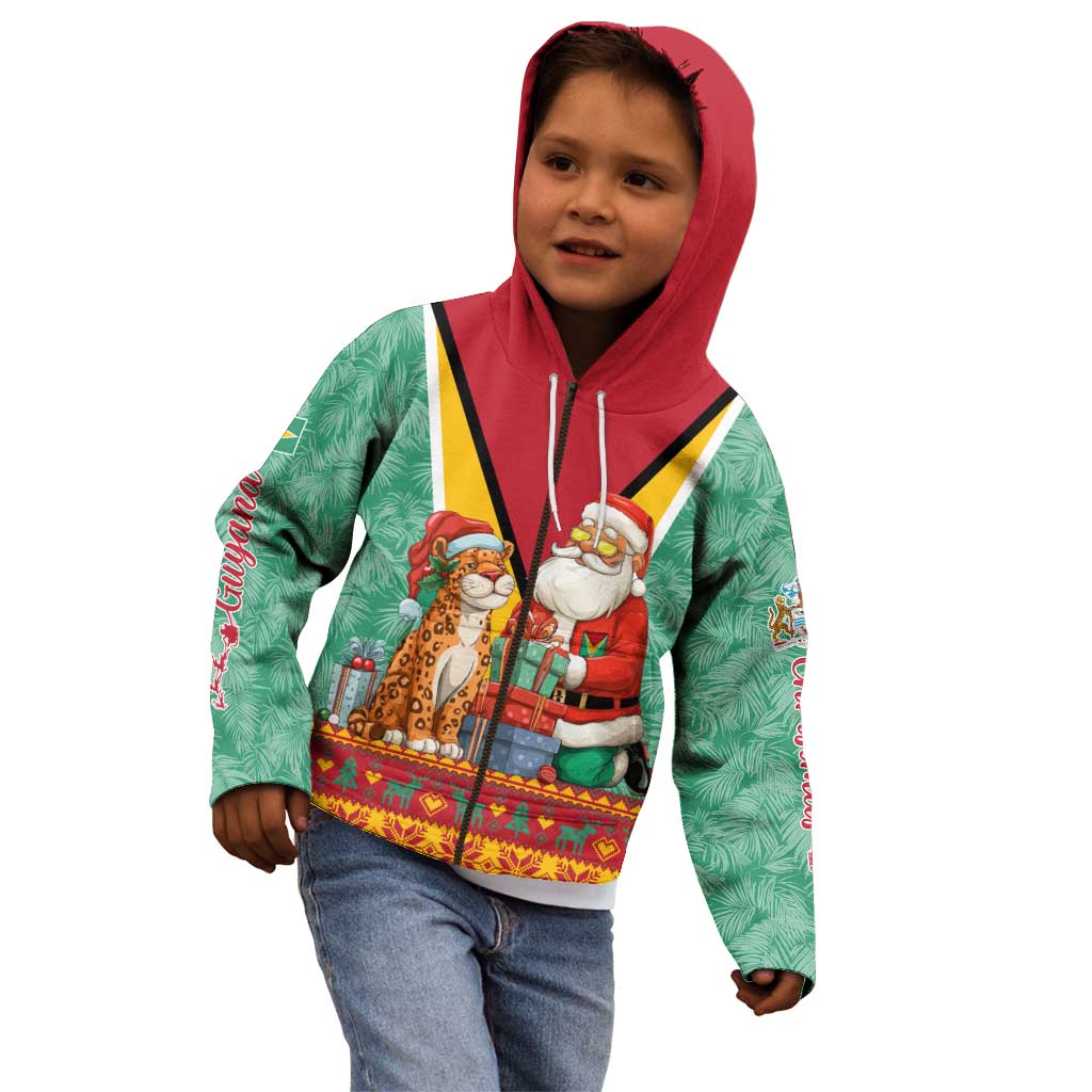 Guyana Christmas Santa Leopard Kid Hoodie with Green Red Yellow Gift and Map - Wonder Print Shop