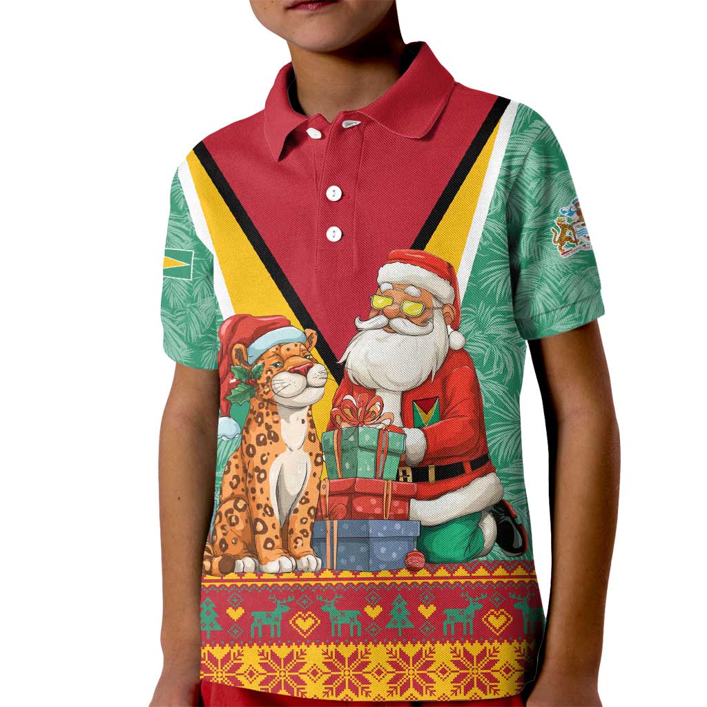 Guyana Christmas Santa Leopard Kid Polo Shirt with Green Red Yellow Gift and Map - Wonder Print Shop