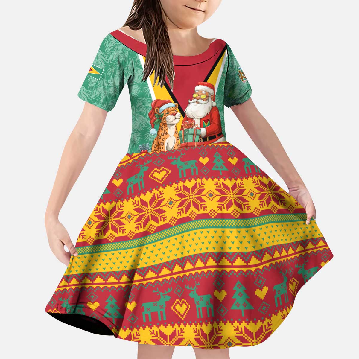 Guyana Christmas Santa Leopard Kid Short Sleeve Dress with Green Red Yellow Gift and Map - Wonder Print Shop