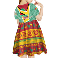 Guyana Christmas Santa Leopard Kid Short Sleeve Dress with Green Red Yellow Gift and Map - Wonder Print Shop