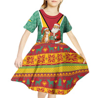 Guyana Christmas Santa Leopard Kid Short Sleeve Dress with Green Red Yellow Gift and Map - Wonder Print Shop
