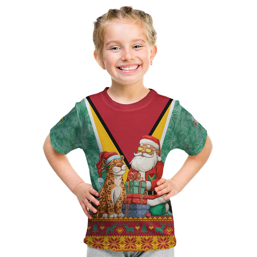 Guyana Christmas Santa Leopard Kid T Shirt with Green Red Yellow Gift and Map - Wonder Print Shop