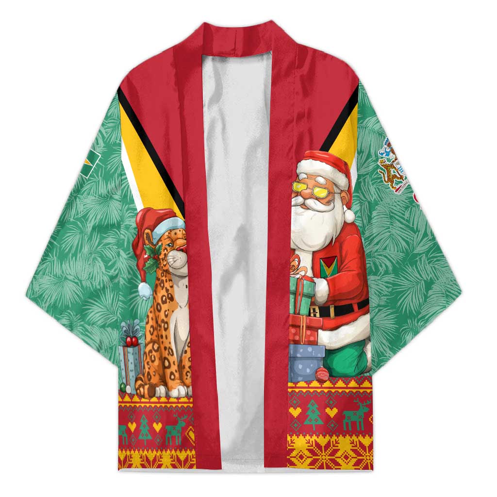 Guyana Christmas Santa Leopard Kimono with Green Red Yellow Gift and Map - Wonder Print Shop