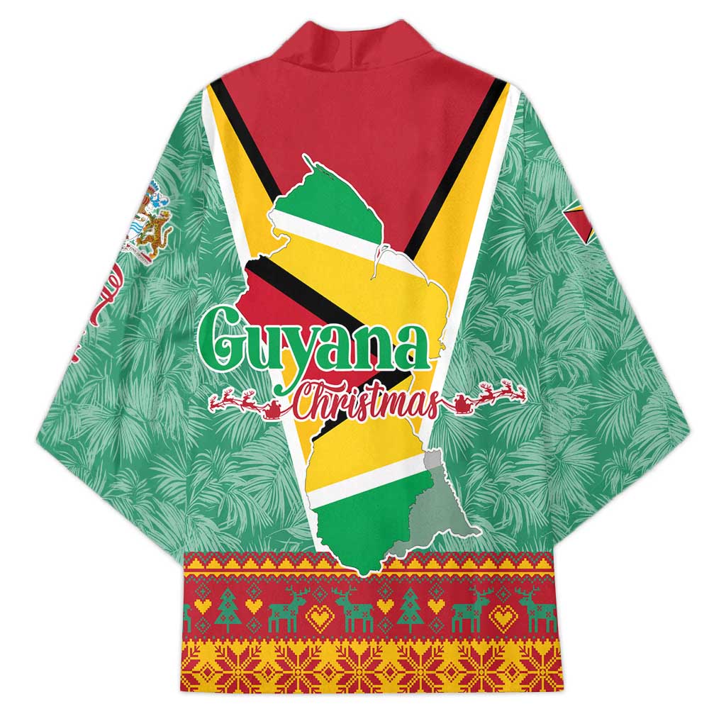 Guyana Christmas Santa Leopard Kimono with Green Red Yellow Gift and Map - Wonder Print Shop