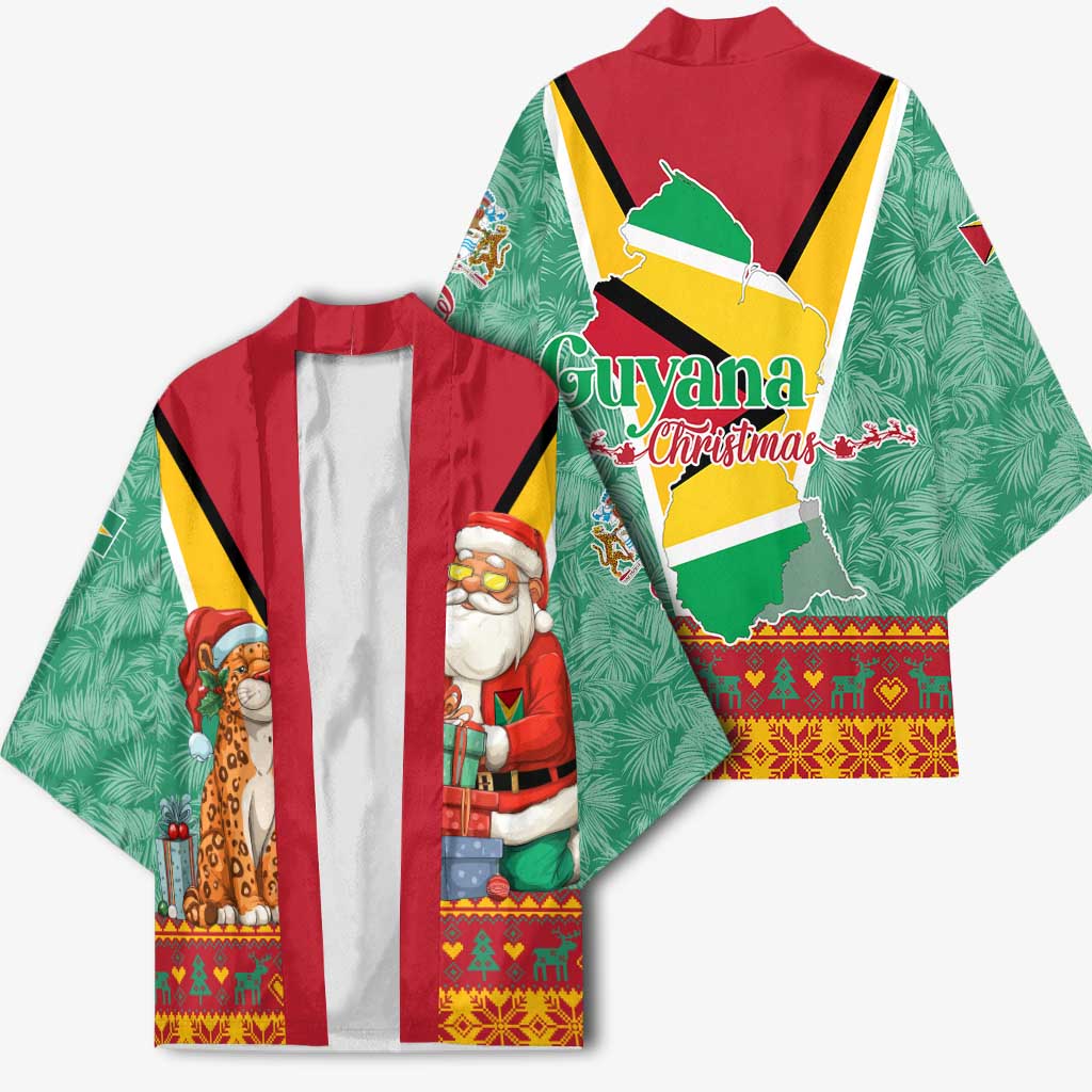 Guyana Christmas Santa Leopard Kimono with Green Red Yellow Gift and Map - Wonder Print Shop