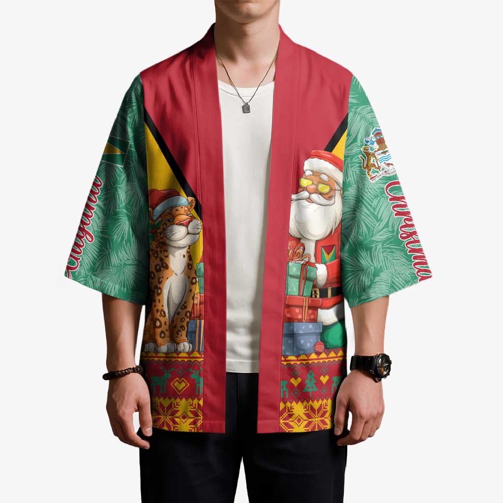 Guyana Christmas Santa Leopard Kimono with Green Red Yellow Gift and Map - Wonder Print Shop