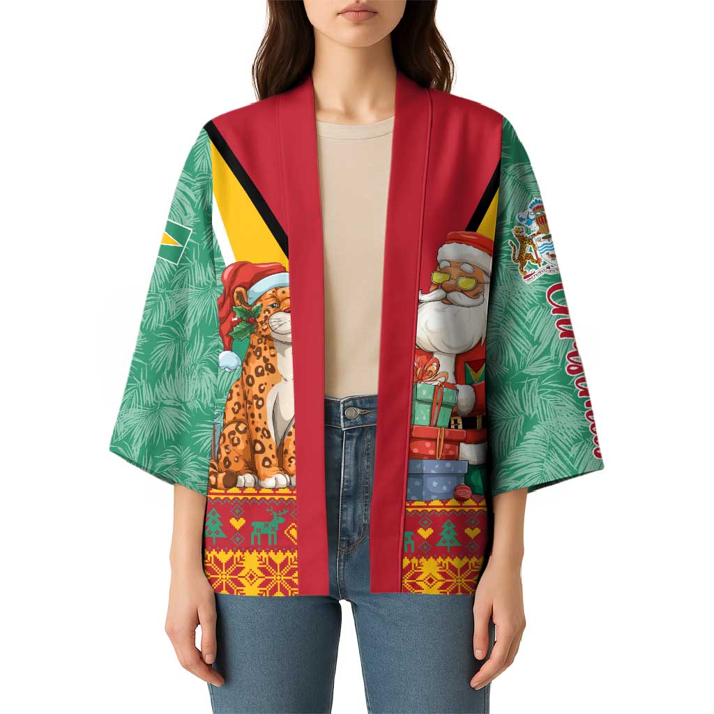 Guyana Christmas Santa Leopard Kimono with Green Red Yellow Gift and Map - Wonder Print Shop