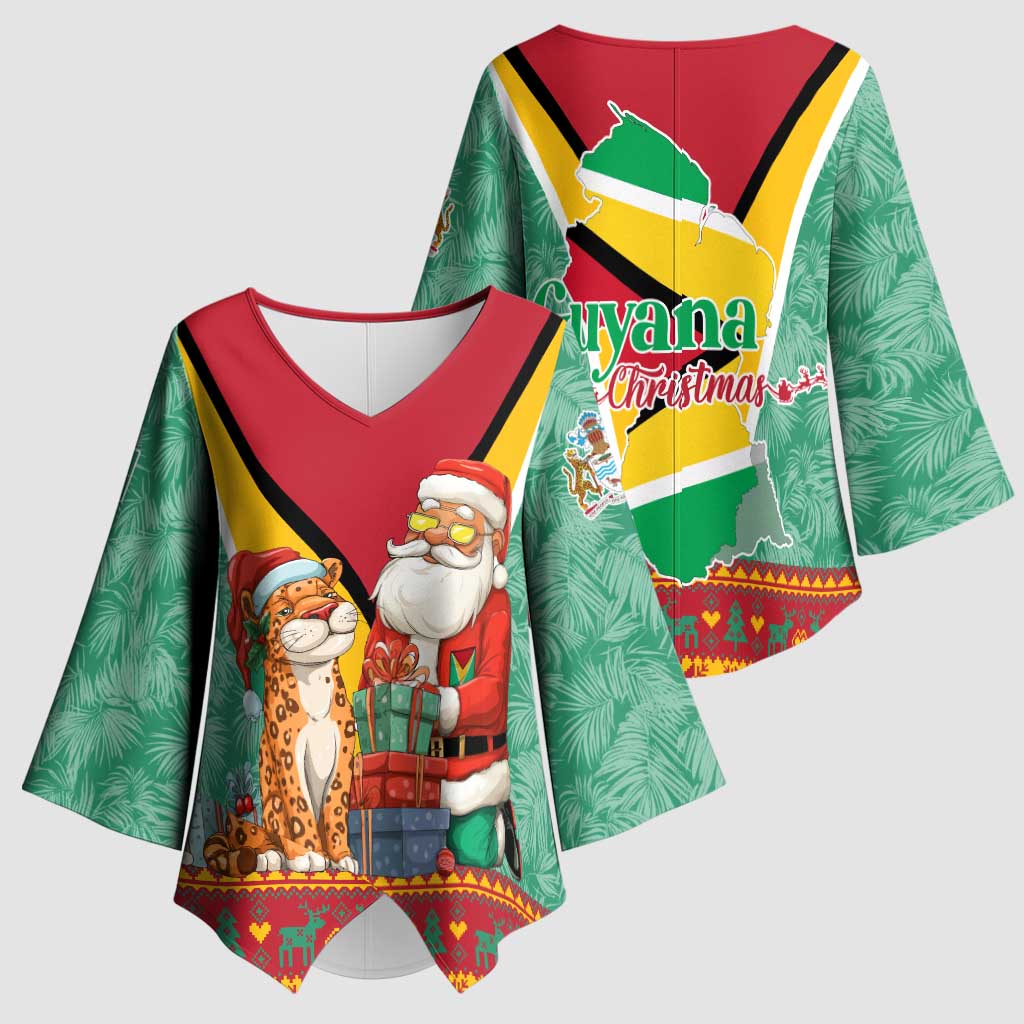 Guyana Christmas Santa Leopard Kimono Sleeve Blouse with Green Red Yellow Gift and Map - Wonder Print Shop