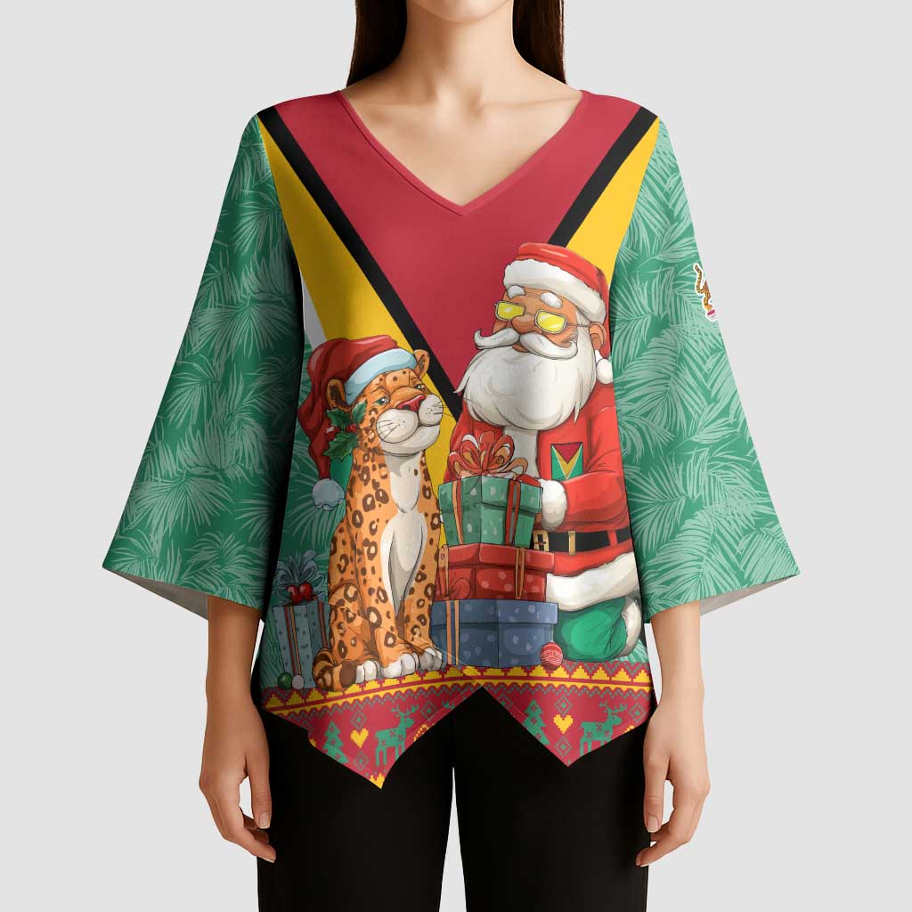 Guyana Christmas Santa Leopard Kimono Sleeve Blouse with Green Red Yellow Gift and Map - Wonder Print Shop
