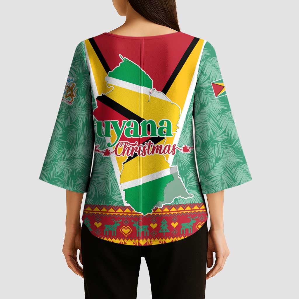 Guyana Christmas Santa Leopard Kimono Sleeve Blouse with Green Red Yellow Gift and Map - Wonder Print Shop