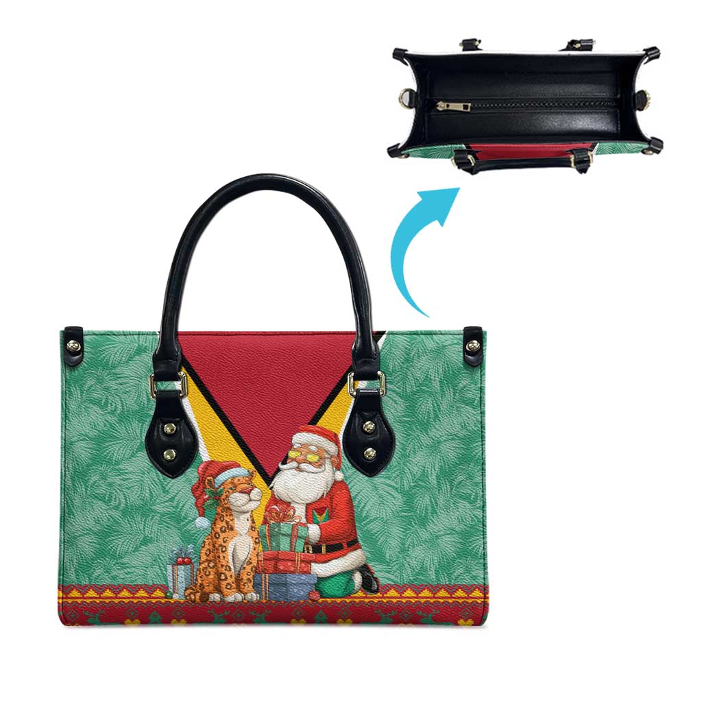 Guyana Christmas Santa Leopard Leather Bag with Green Red Yellow Gift and Map - Wonder Print Shop