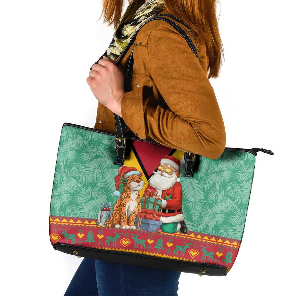 Guyana Christmas Santa Leopard Leather Tote Bag with Green Red Yellow Gift and Map - Wonder Print Shop