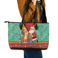 Guyana Christmas Santa Leopard Leather Tote Bag with Green Red Yellow Gift and Map - Wonder Print Shop