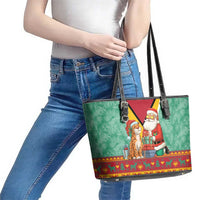 Guyana Christmas Santa Leopard Leather Tote Bag with Green Red Yellow Gift and Map - Wonder Print Shop