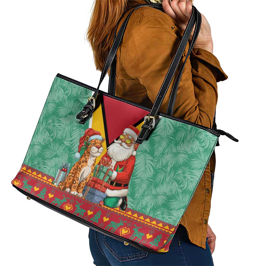 Guyana Christmas Santa Leopard Leather Tote Bag with Green Red Yellow Gift and Map - Wonder Print Shop