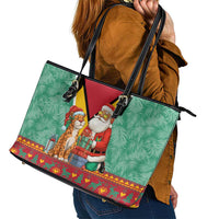 Guyana Christmas Santa Leopard Leather Tote Bag with Green Red Yellow Gift and Map - Wonder Print Shop
