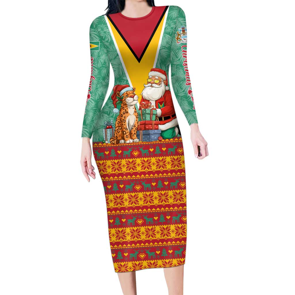 Guyana Christmas Santa Leopard Long Sleeve Bodycon Dress with Green Red Yellow Gift and Map - Wonder Print Shop