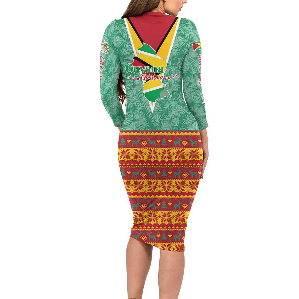 Guyana Christmas Santa Leopard Long Sleeve Bodycon Dress with Green Red Yellow Gift and Map - Wonder Print Shop