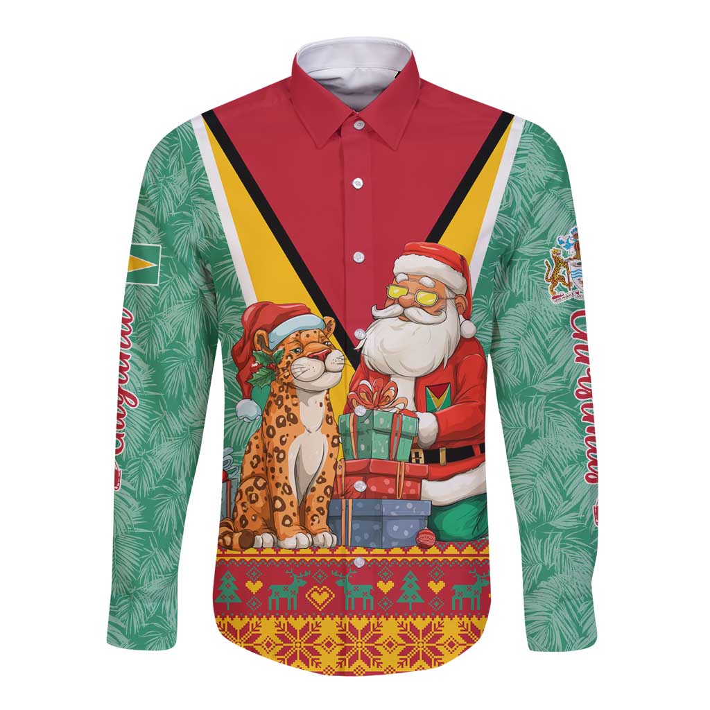 Guyana Christmas Santa Leopard Long Sleeve Button Shirt with Green Red Yellow Gift and Map - Wonder Print Shop