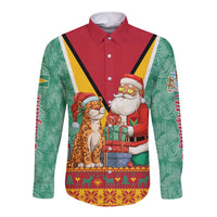 Guyana Christmas Santa Leopard Long Sleeve Button Shirt with Green Red Yellow Gift and Map - Wonder Print Shop
