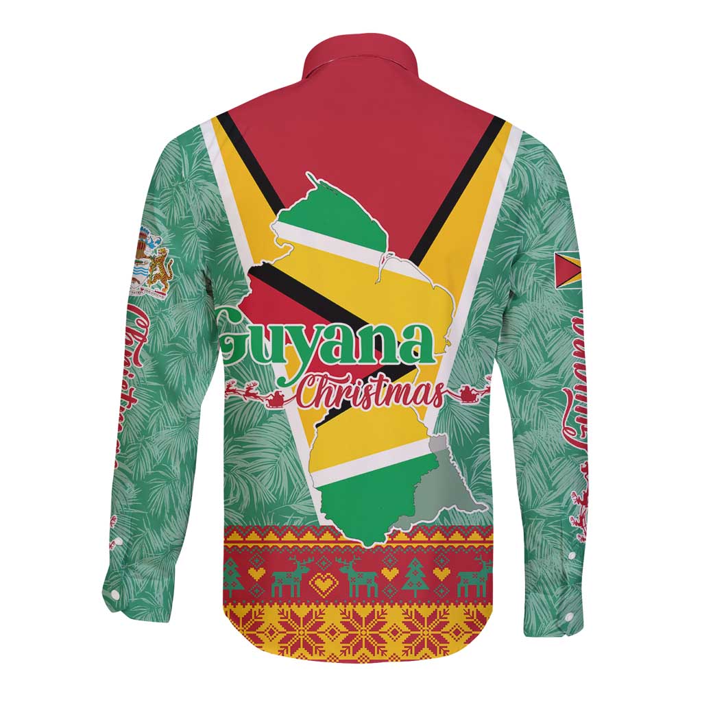 Guyana Christmas Santa Leopard Long Sleeve Button Shirt with Green Red Yellow Gift and Map - Wonder Print Shop