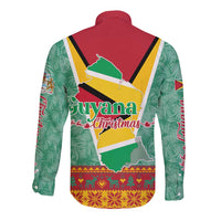 Guyana Christmas Santa Leopard Long Sleeve Button Shirt with Green Red Yellow Gift and Map - Wonder Print Shop