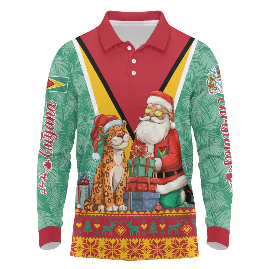 Guyana Christmas Santa Leopard Long Sleeve Polo Shirt with Green Red Yellow Gift and Map - Wonder Print Shop