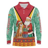 Guyana Christmas Santa Leopard Long Sleeve Polo Shirt with Green Red Yellow Gift and Map - Wonder Print Shop