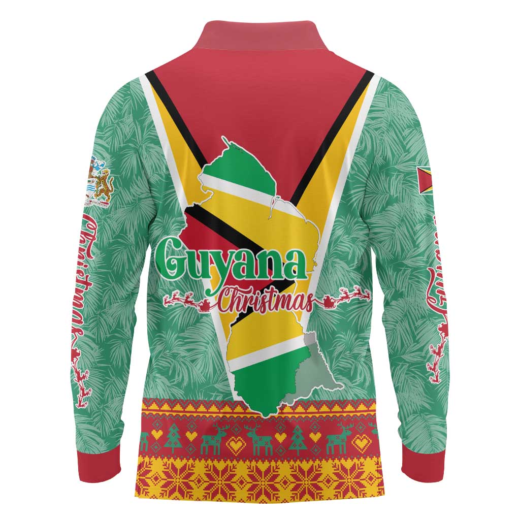Guyana Christmas Santa Leopard Long Sleeve Polo Shirt with Green Red Yellow Gift and Map - Wonder Print Shop