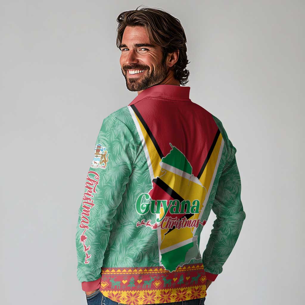 Guyana Christmas Santa Leopard Long Sleeve Polo Shirt with Green Red Yellow Gift and Map - Wonder Print Shop