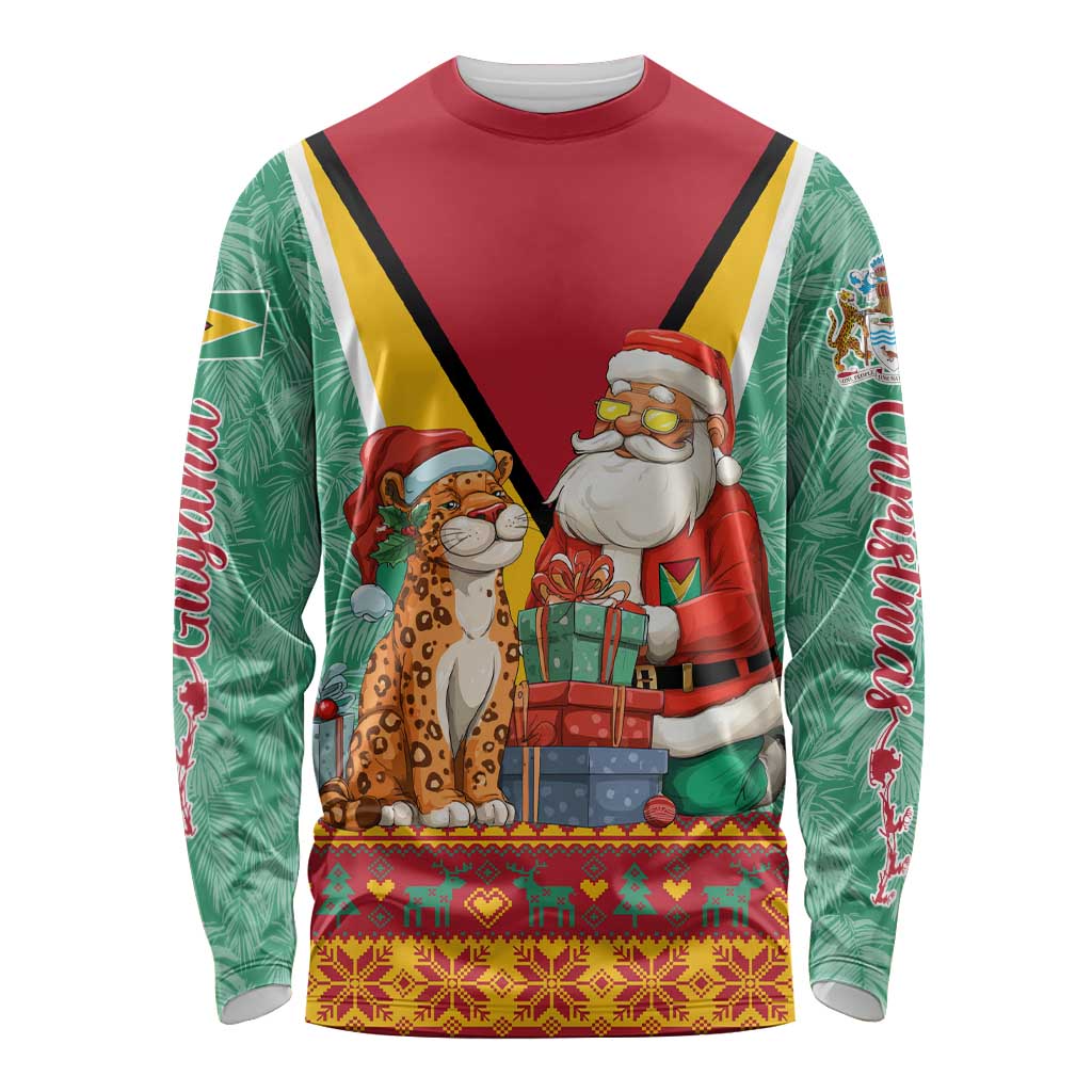 Guyana Christmas Santa Leopard Long Sleeve Shirt with Green Red Yellow Gift and Map - Wonder Print Shop
