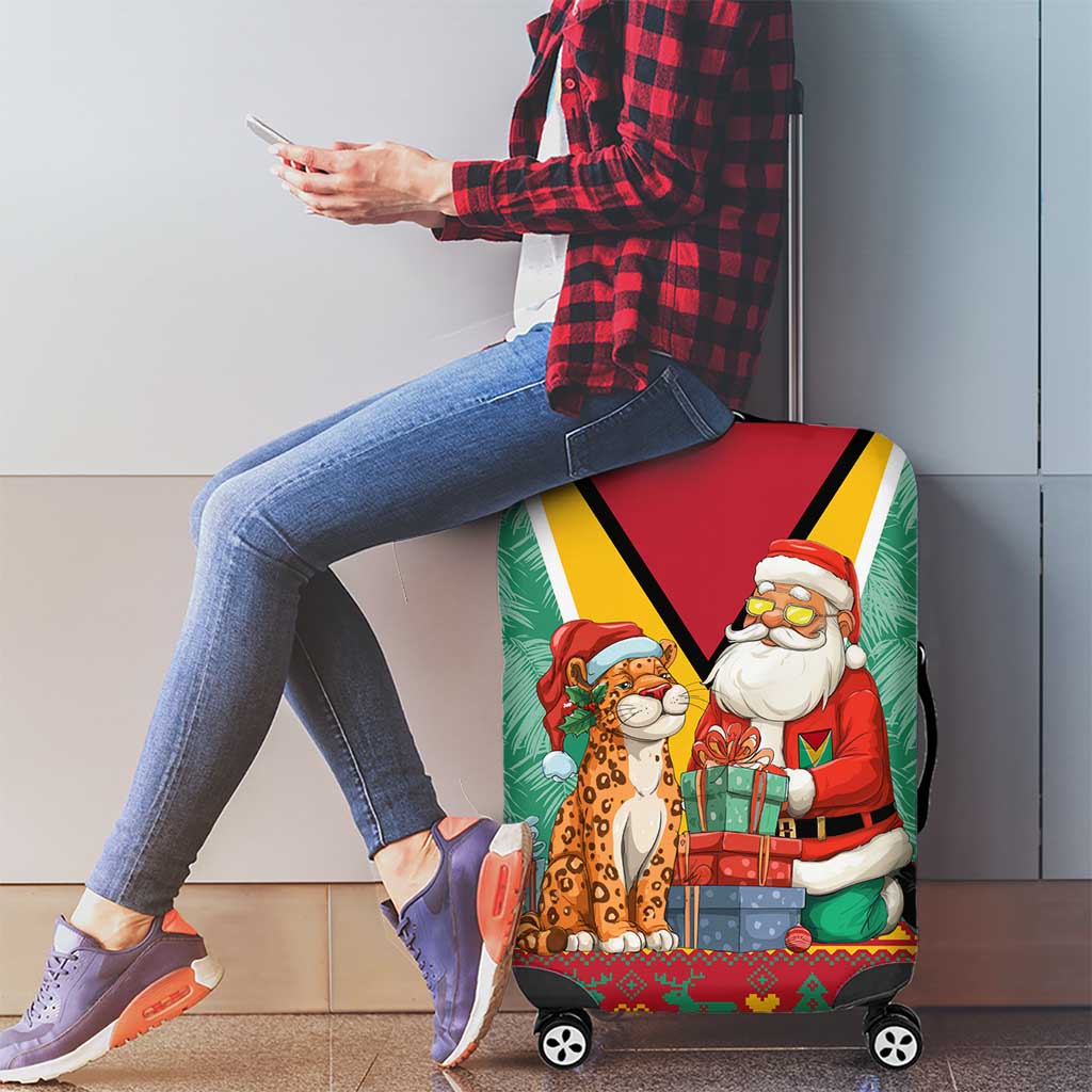 Guyana Christmas Santa Leopard Luggage Cover with Green Red Yellow Gift and Map - Wonder Print Shop
