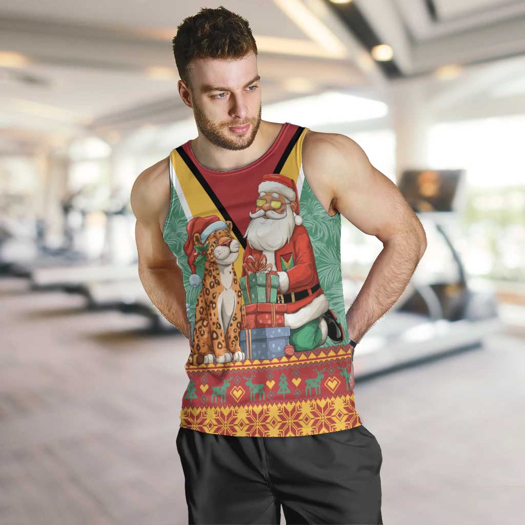 Guyana Christmas Santa Leopard Men Tank Top with Green Red Yellow Gift and Map - Wonder Print Shop