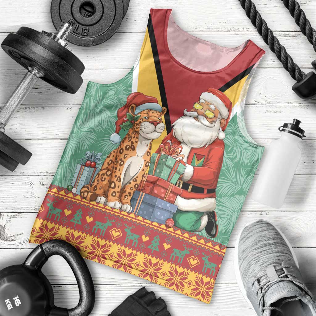 Guyana Christmas Santa Leopard Men Tank Top with Green Red Yellow Gift and Map - Wonder Print Shop