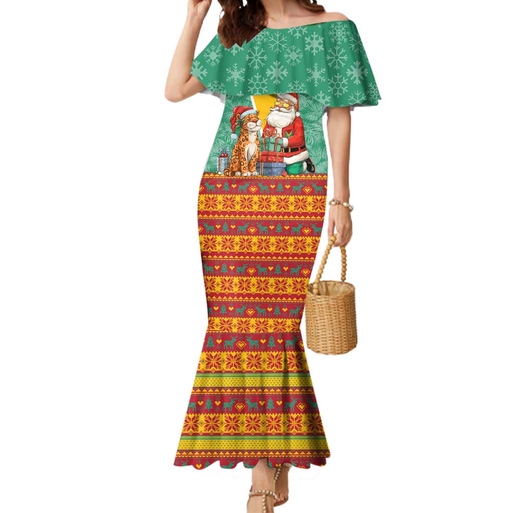 Guyana Christmas Santa Leopard Mermaid Dress with Green Red Yellow Gift and Map - Wonder Print Shop