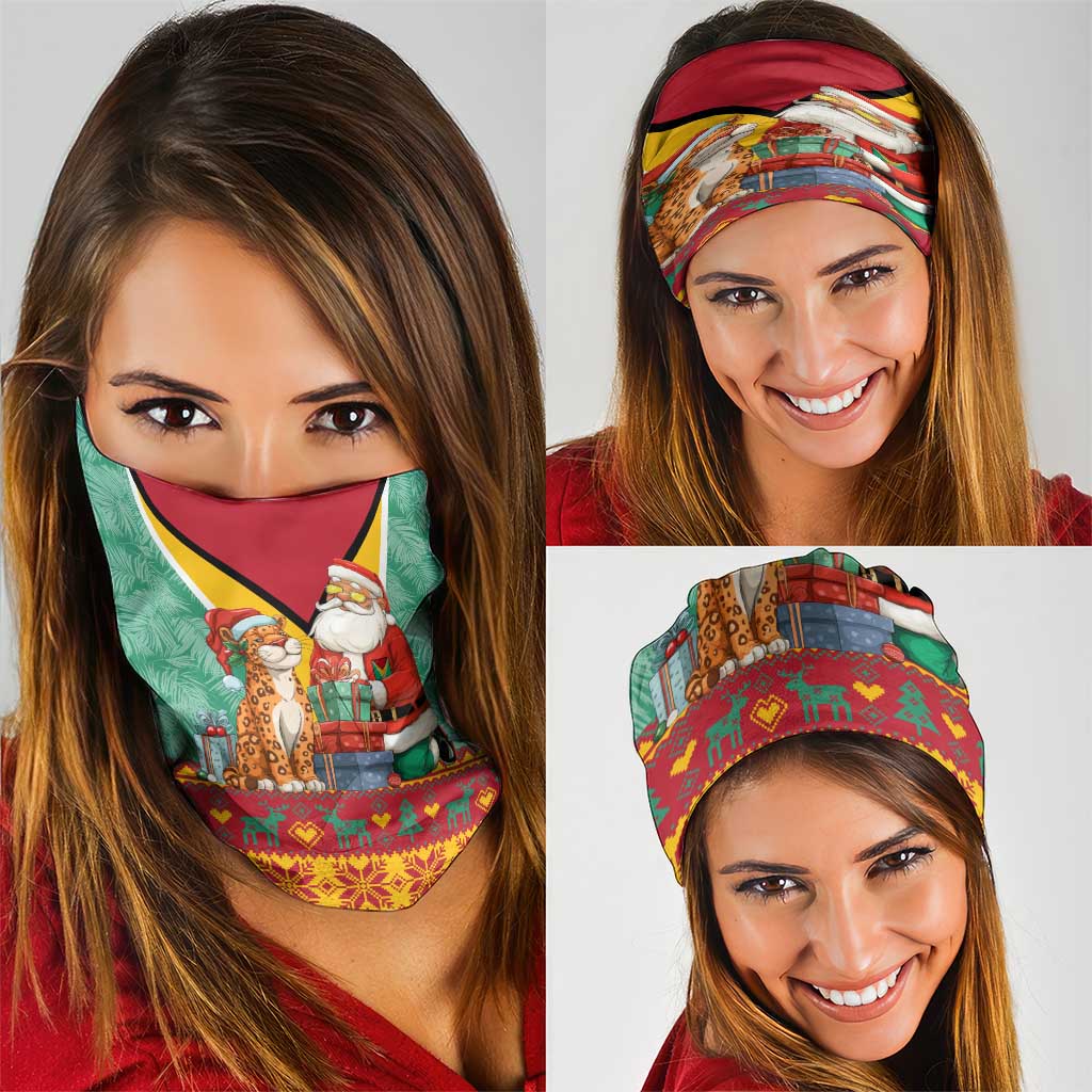 Guyana Christmas Santa Leopard Neck Gaiter with Green Red Yellow Gift and Map - Wonder Print Shop
